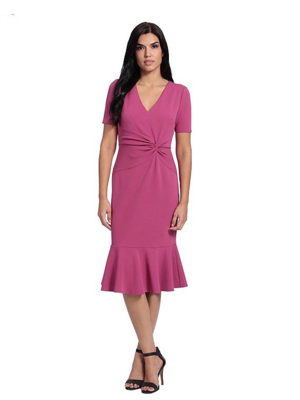London Times Magenta Knot-Front V-Neck Midi Dress